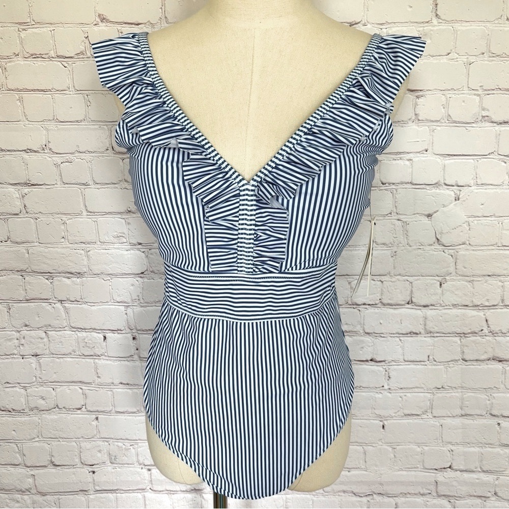 DKNY Blue & White Striped Ruffle V-Neck One Piece Swimsuit--S